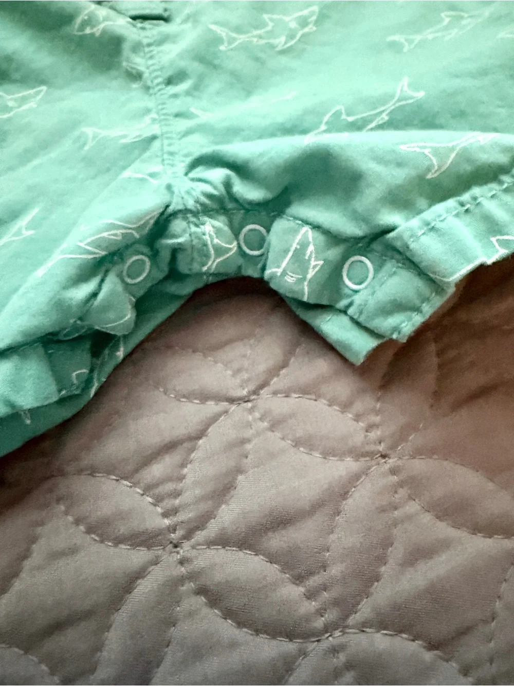 Free Planet Teal and White Collared Button-Up Baby Romper with Shark Trim